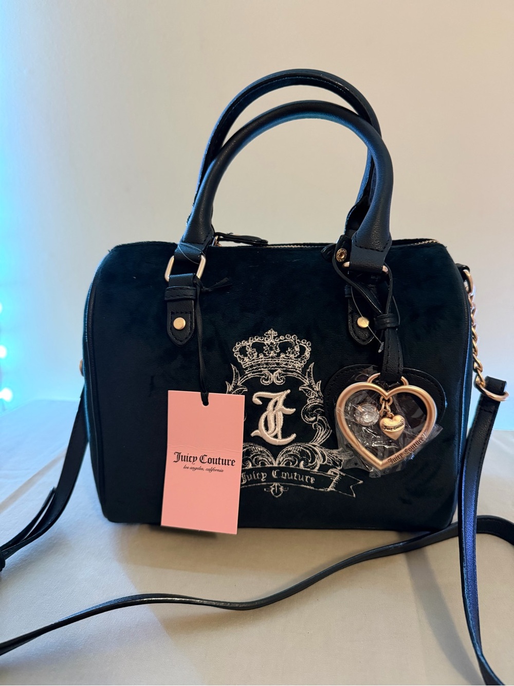 Juicy Couture Black Velvet Logo Satchel with Heart Charm